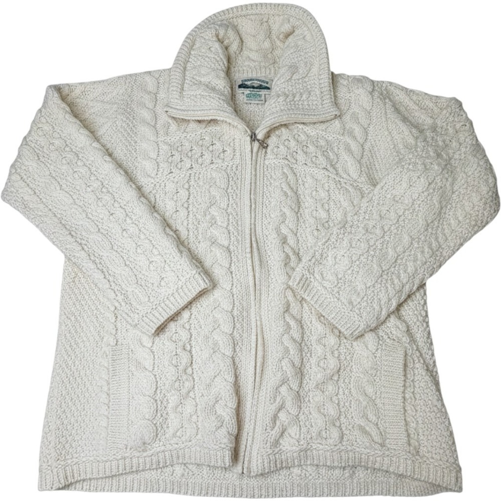 Aran Crafts Ireland 100% Merino Wool Cable Knit Full Zip Cardigan Sweater Large